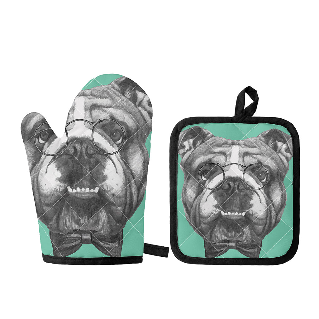 English Bulldog With Glasses Print Oven Mitt And Pot Holder Set