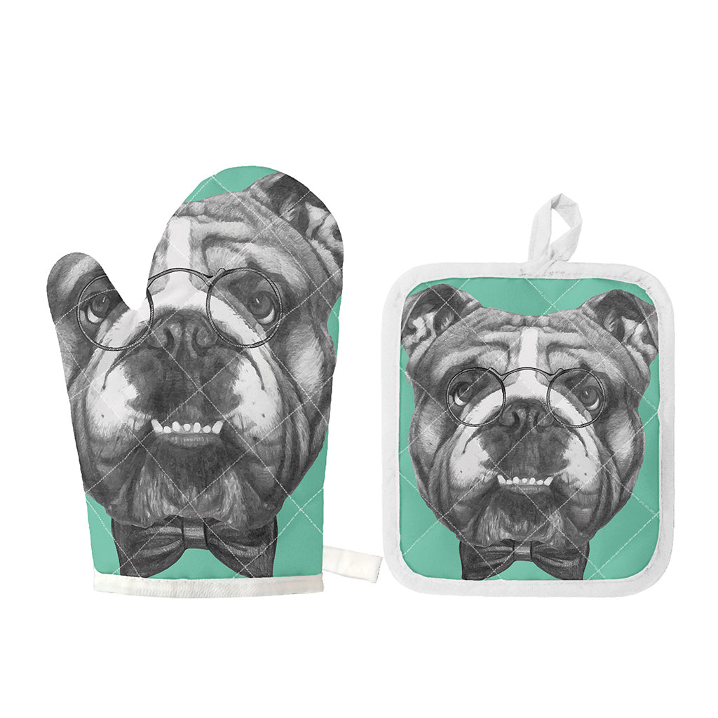 English Bulldog With Glasses Print Oven Mitt And Pot Holder Set
