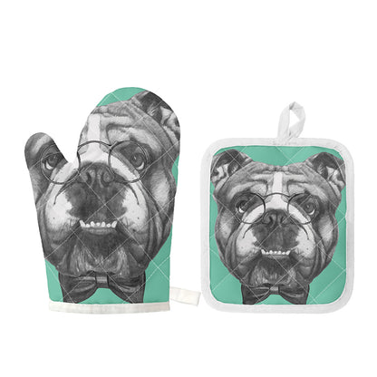 English Bulldog With Glasses Print Oven Mitt And Pot Holder Set