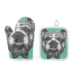 English Bulldog With Glasses Print Oven Mitt And Pot Holder Set