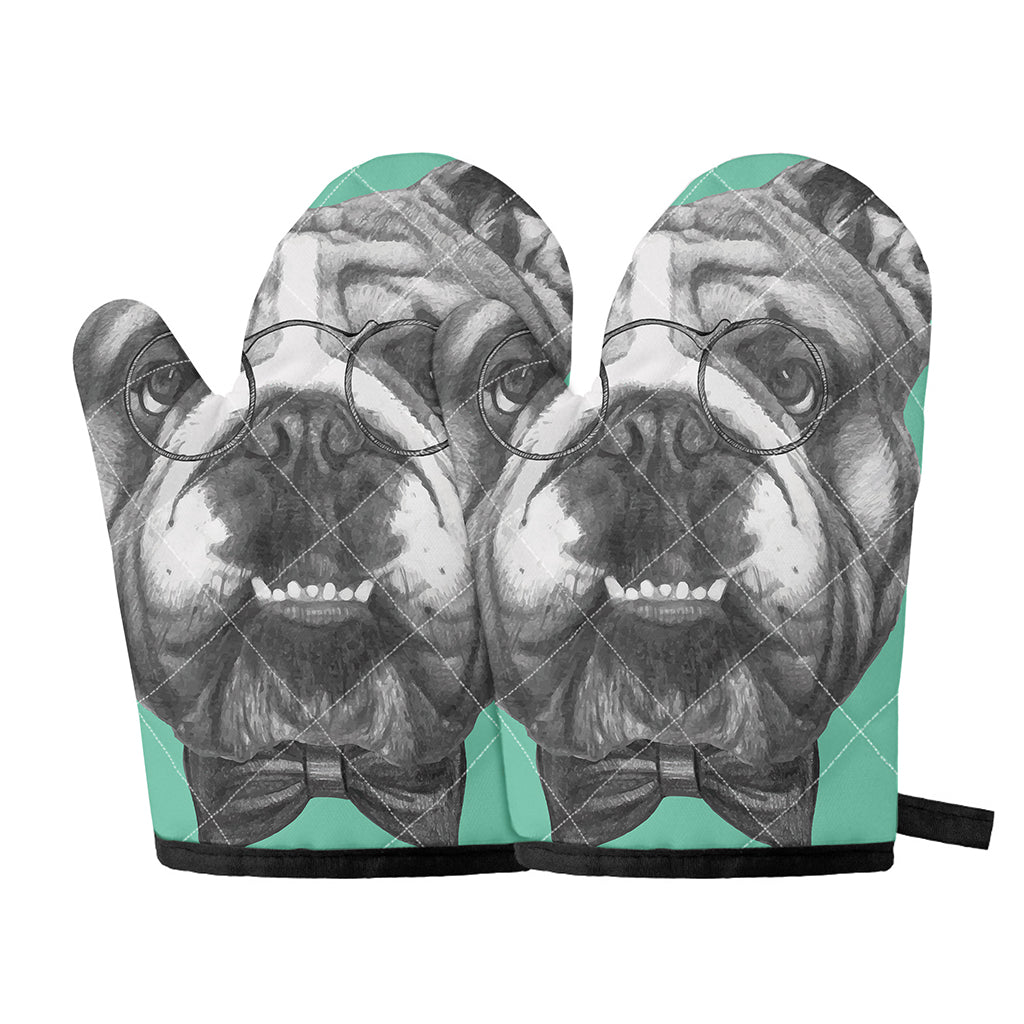 English Bulldog With Glasses Print Oven Mitts