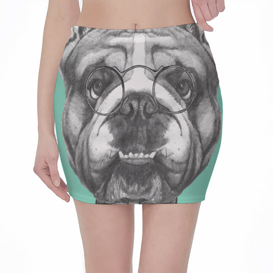 English Bulldog With Glasses Print Pencil Mini Skirt