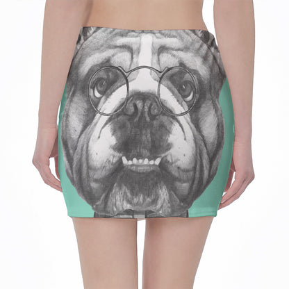 English Bulldog With Glasses Print Pencil Mini Skirt