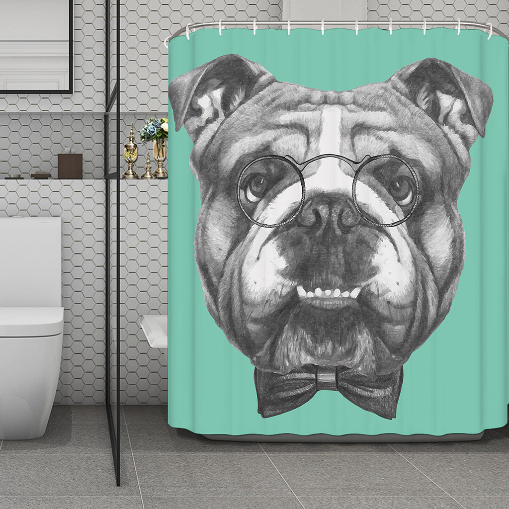 English Bulldog With Glasses Print Polyester Shower Curtain