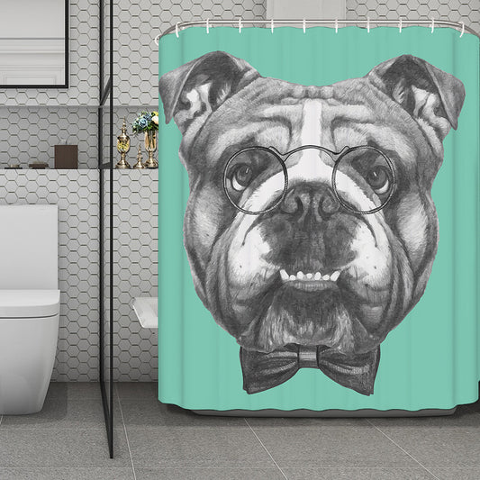 English Bulldog With Glasses Print Polyester Shower Curtain