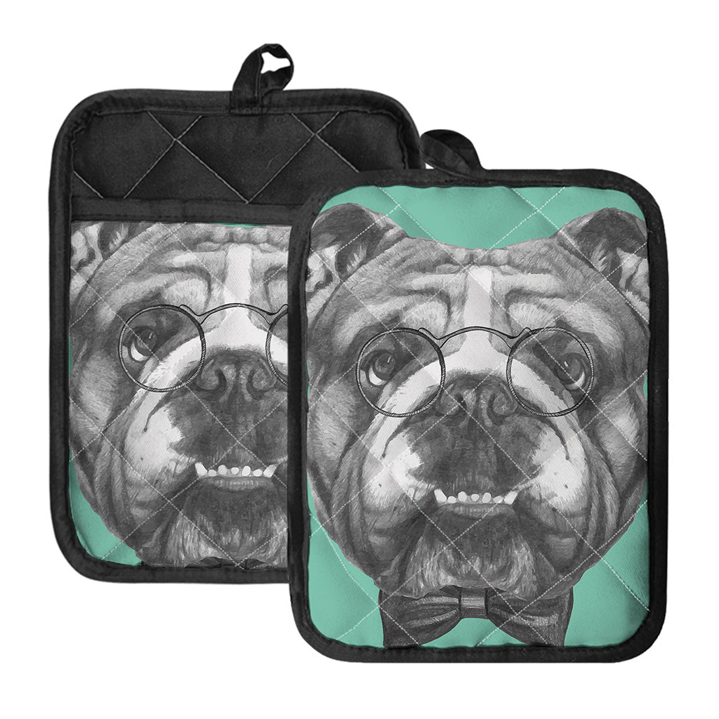 English Bulldog With Glasses Print Pot Holders With Pocket