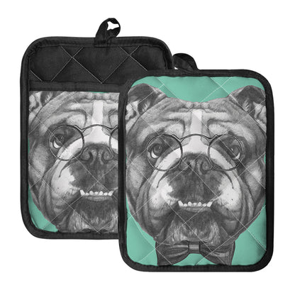 English Bulldog With Glasses Print Pot Holders With Pocket