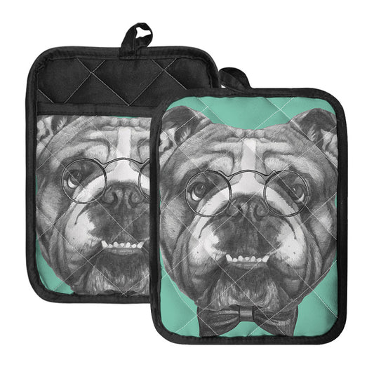 English Bulldog With Glasses Print Pot Holders With Pocket