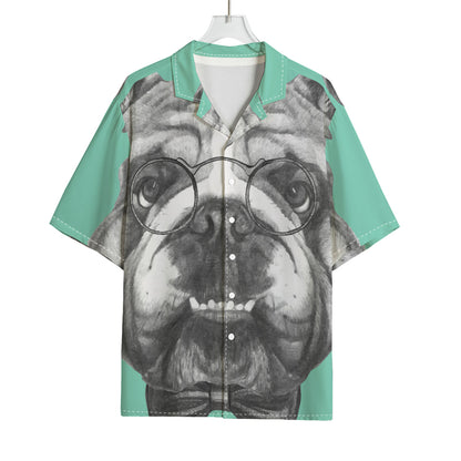 English Bulldog With Glasses Print Rayon Hawaiian Shirt
