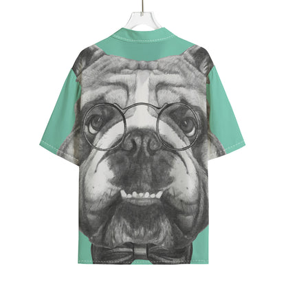 English Bulldog With Glasses Print Rayon Hawaiian Shirt