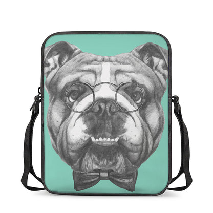 English Bulldog With Glasses Print Rectangular Crossbody Bag