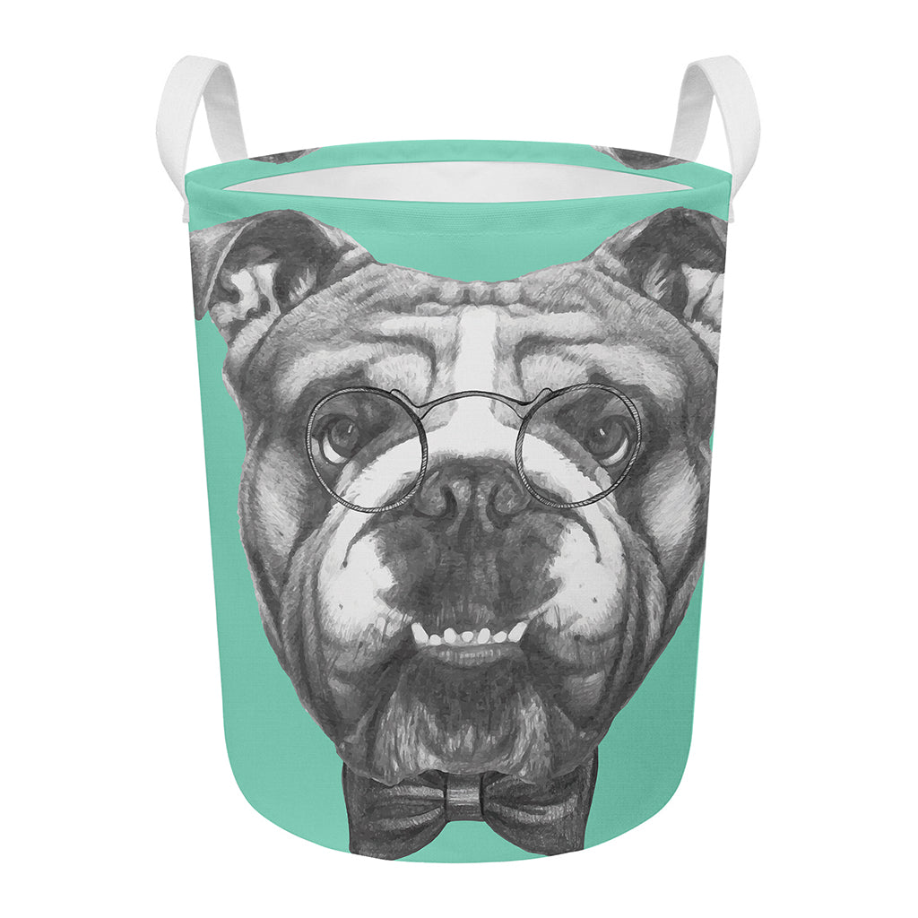 English Bulldog With Glasses Print Round Laundry Basket