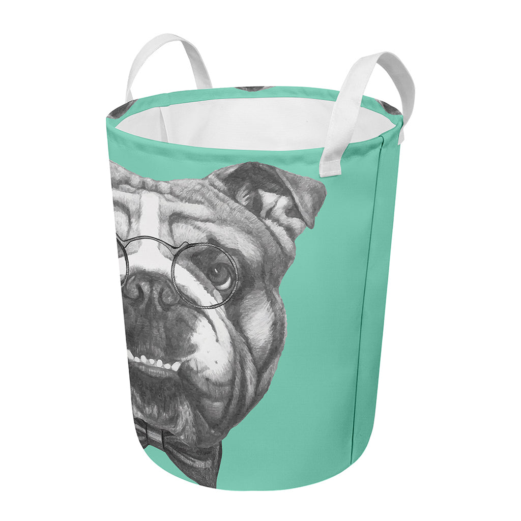 English Bulldog With Glasses Print Round Laundry Basket