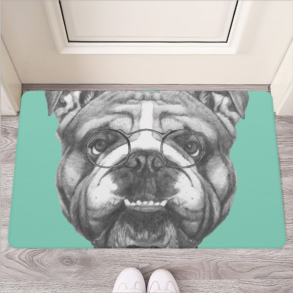 English Bulldog With Glasses Print Rubber Doormat