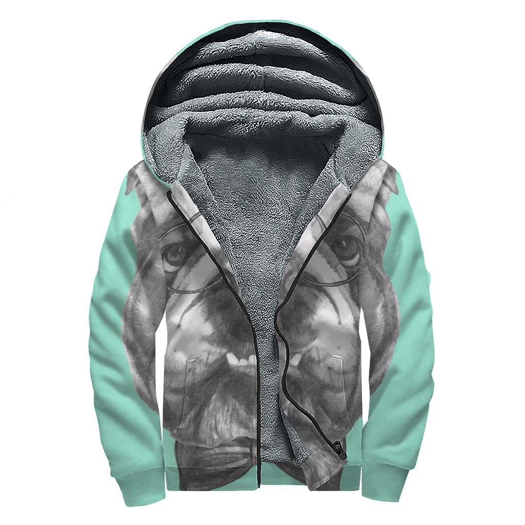 English Bulldog With Glasses Print Sherpa Lined Zip Up Hoodie