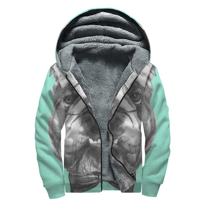 English Bulldog With Glasses Print Sherpa Lined Zip Up Hoodie
