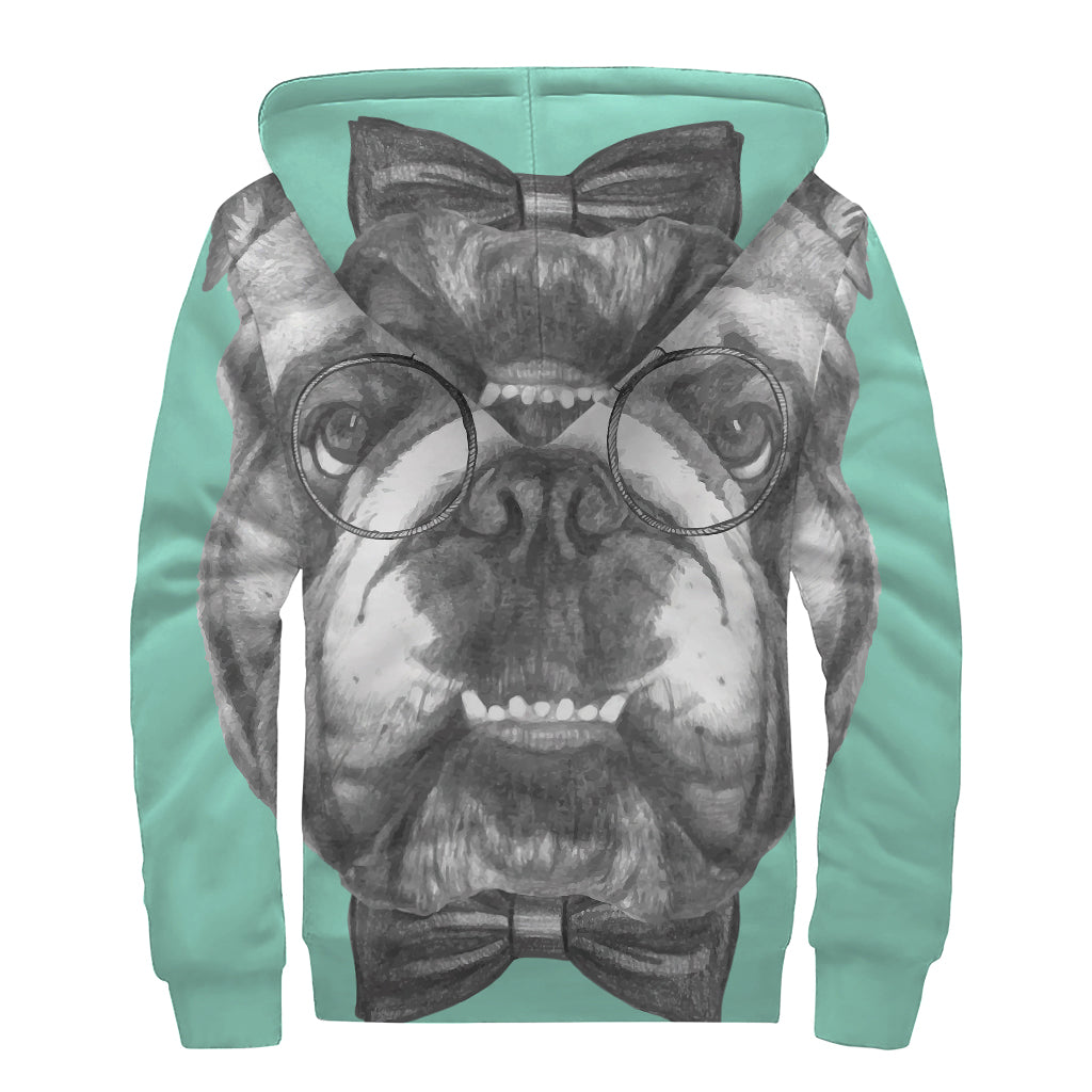 English Bulldog With Glasses Print Sherpa Lined Zip Up Hoodie