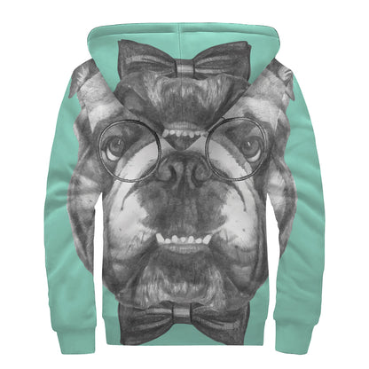 English Bulldog With Glasses Print Sherpa Lined Zip Up Hoodie