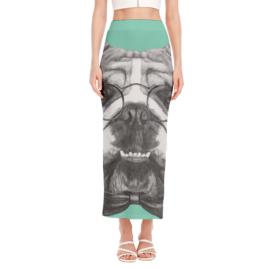 English Bulldog With Glasses Print Side Slit Maxi Skirt