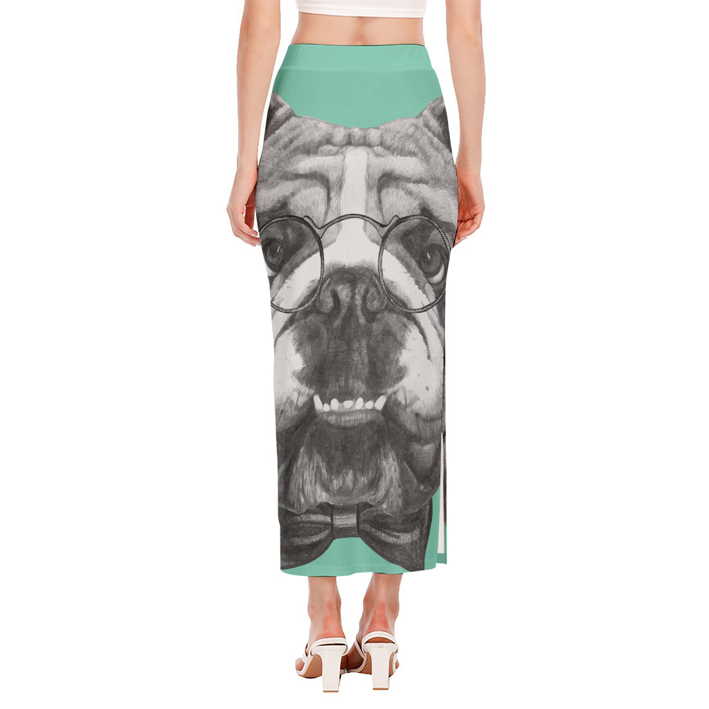 English Bulldog With Glasses Print Side Slit Maxi Skirt