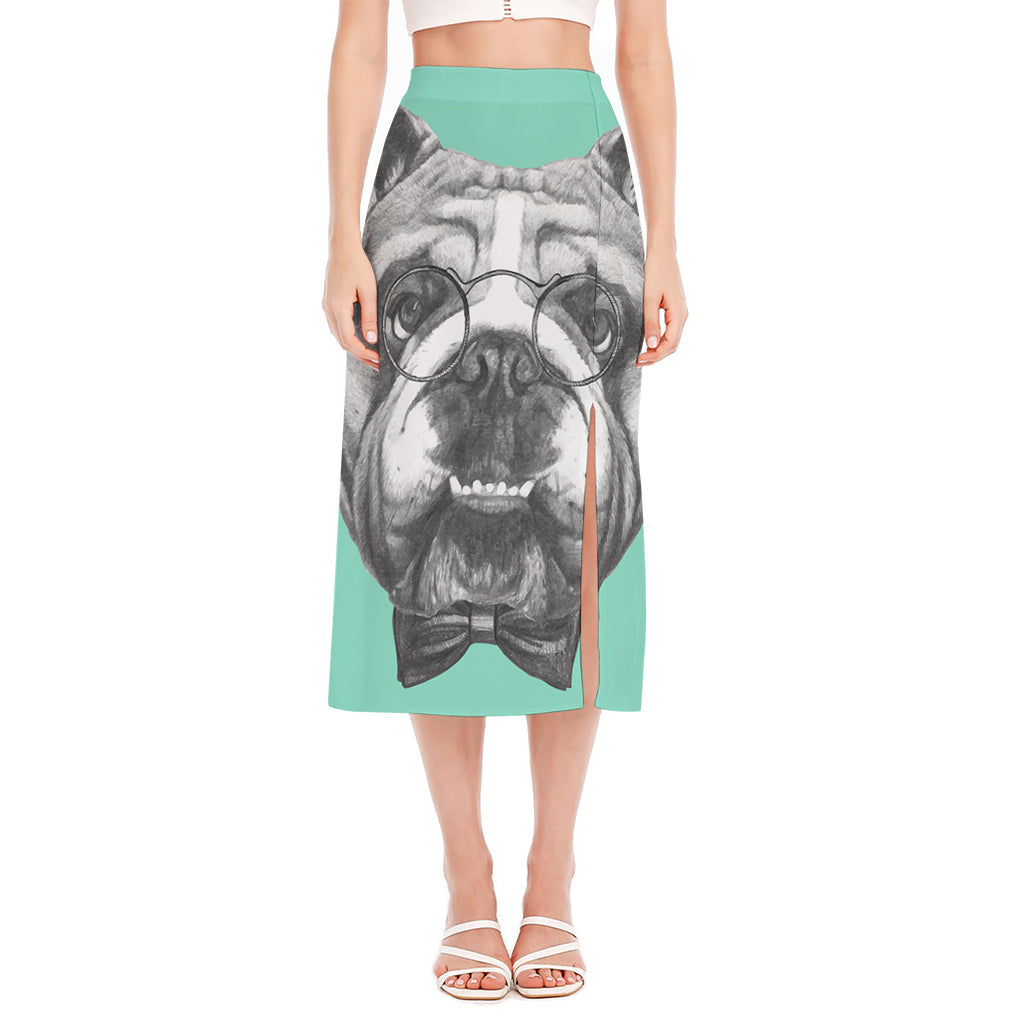 English Bulldog With Glasses Print Side Slit Midi Skirt