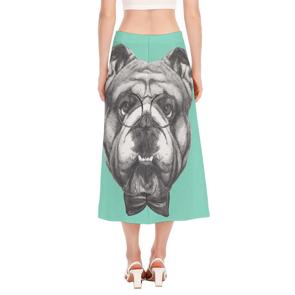 English Bulldog With Glasses Print Side Slit Midi Skirt