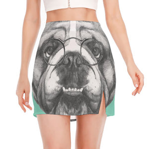 English Bulldog With Glasses Print Side Slit Mini Skirt