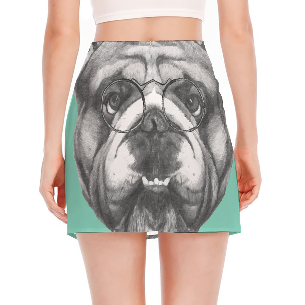 English Bulldog With Glasses Print Side Slit Mini Skirt