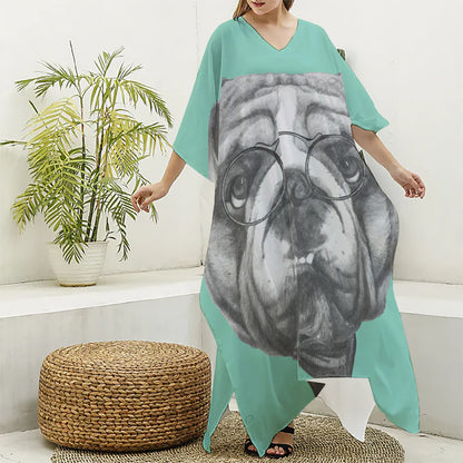 English Bulldog With Glasses Print Silk V-Neck Kaftan Dress