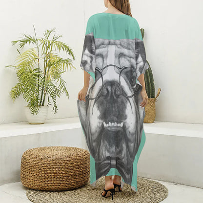 English Bulldog With Glasses Print Silk V-Neck Kaftan Dress
