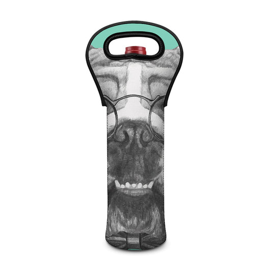 English Bulldog With Glasses Print Single Neoprene Wine Tote