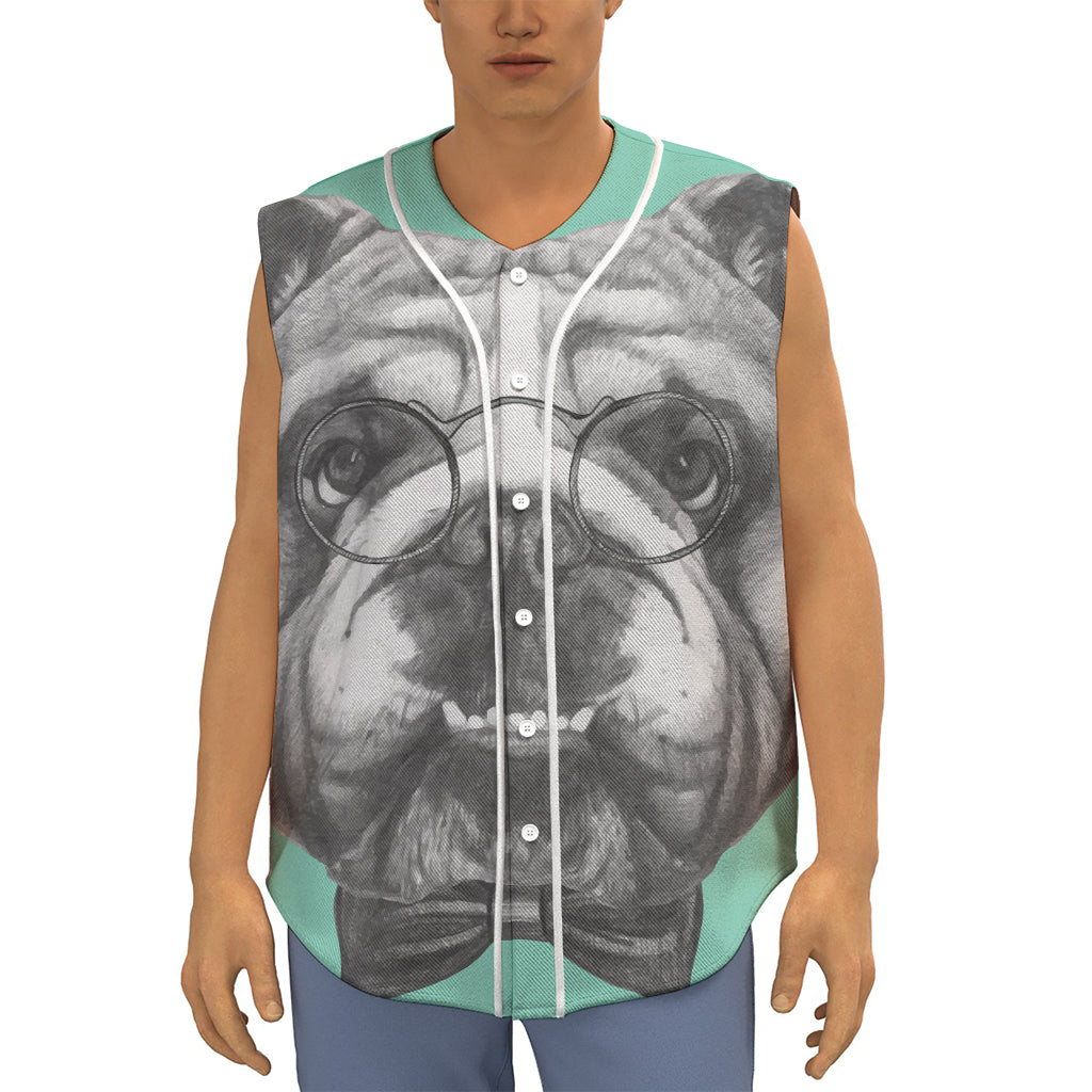 English Bulldog With Glasses Print Sleeveless Baseball Jersey