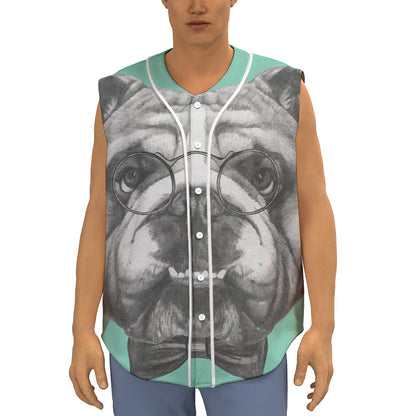 English Bulldog With Glasses Print Sleeveless Baseball Jersey