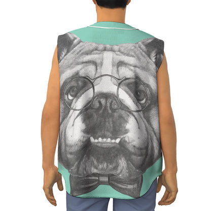 English Bulldog With Glasses Print Sleeveless Baseball Jersey