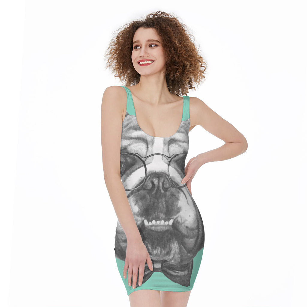 English Bulldog With Glasses Print Sleeveless Bodycon Dress