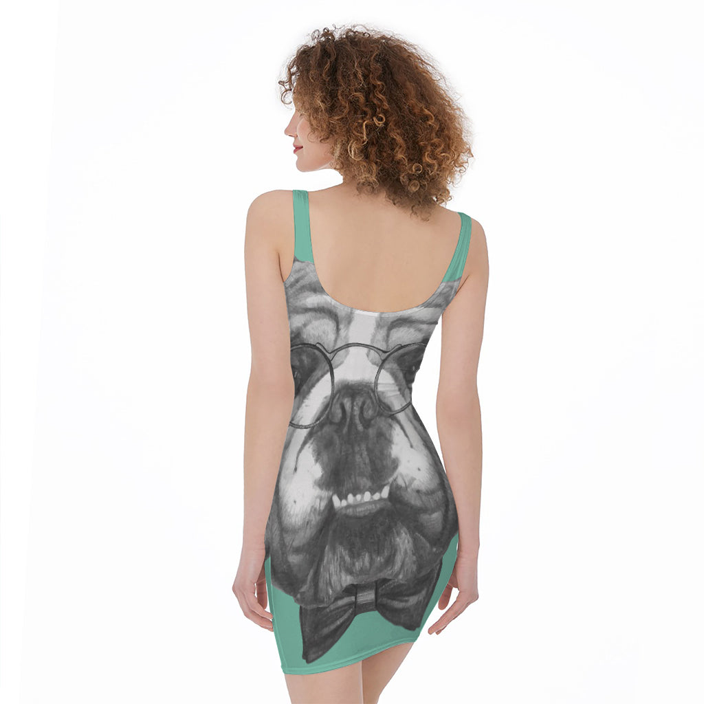 English Bulldog With Glasses Print Sleeveless Bodycon Dress