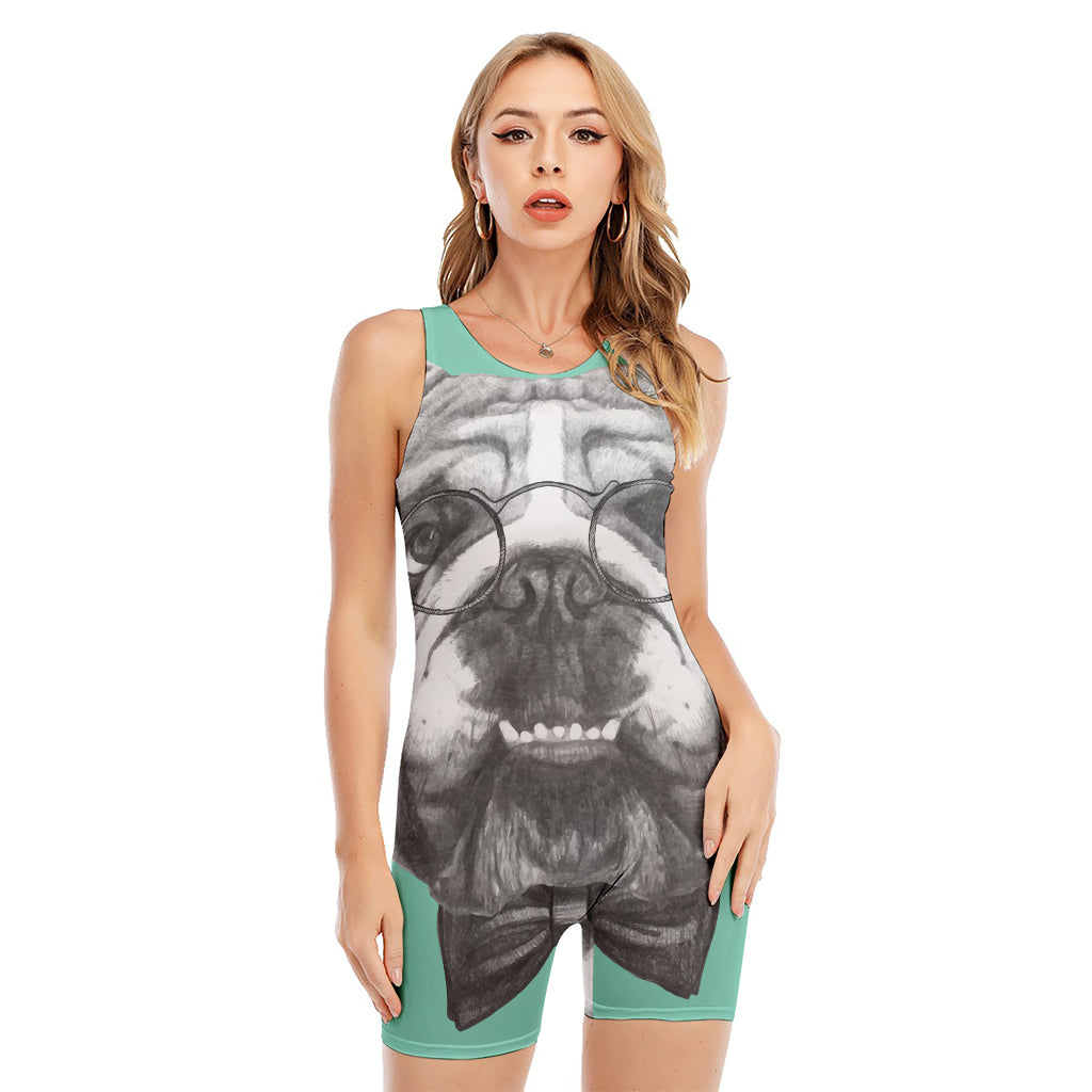 English Bulldog With Glasses Print Sleeveless One Piece Swimsuit