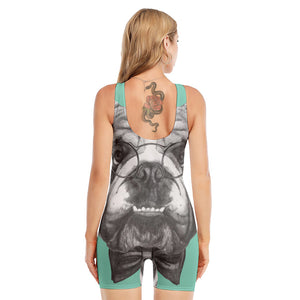 English Bulldog With Glasses Print Sleeveless One Piece Swimsuit