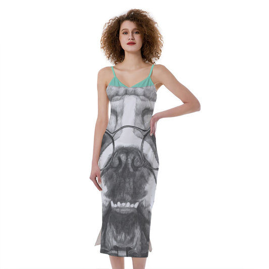 English Bulldog With Glasses Print Slim Fit Midi Cami Dress