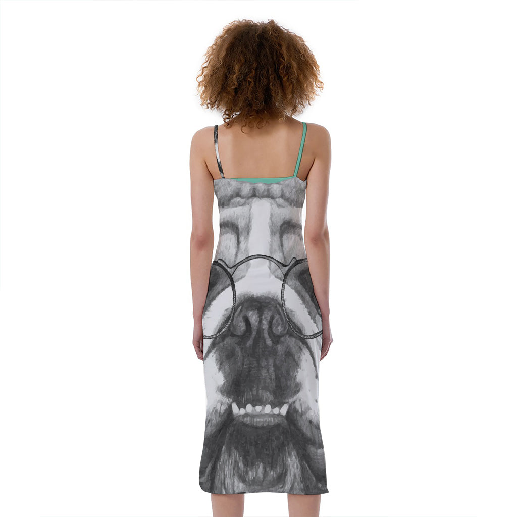 English Bulldog With Glasses Print Slim Fit Midi Cami Dress