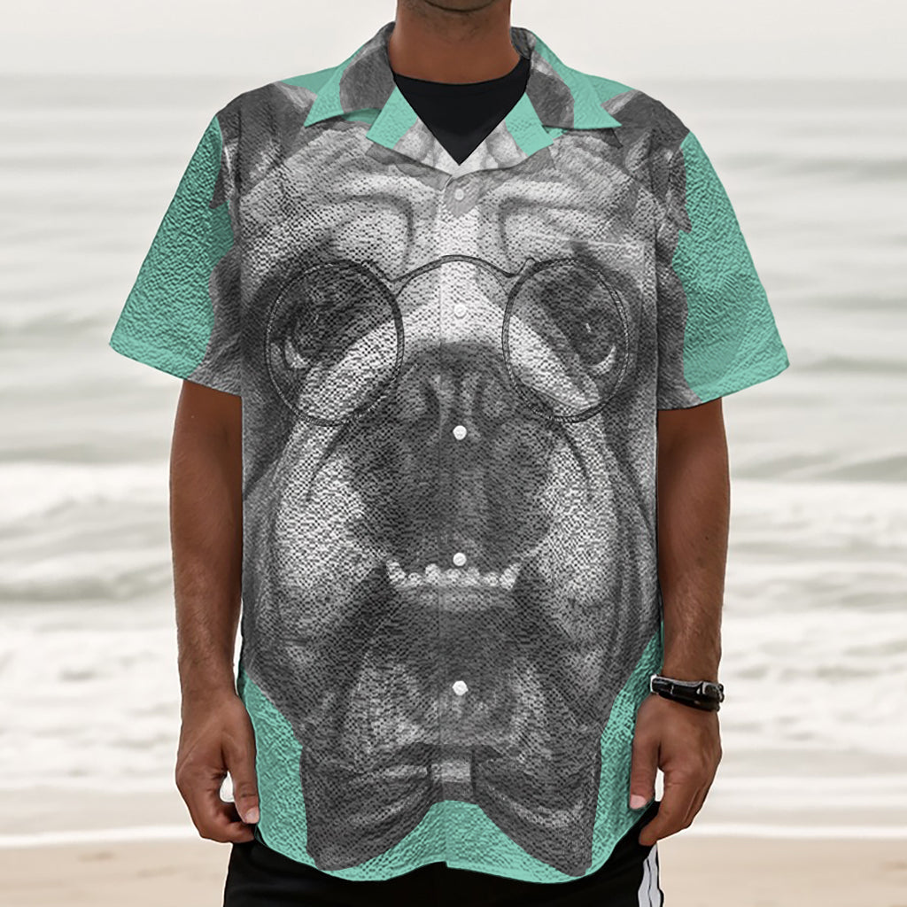 English Bulldog With Glasses Print Textured Short Sleeve Shirt