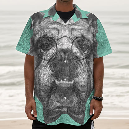 English Bulldog With Glasses Print Textured Short Sleeve Shirt