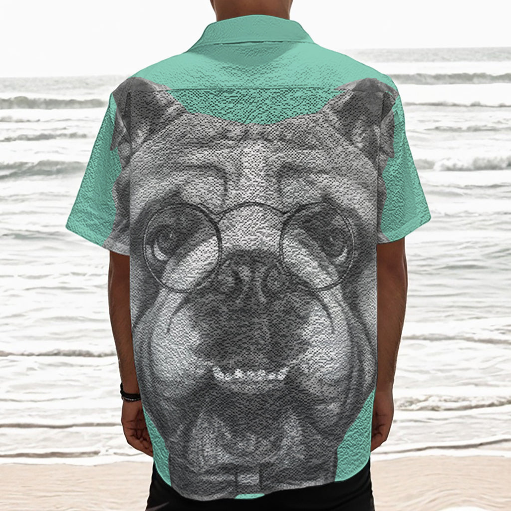 English Bulldog With Glasses Print Textured Short Sleeve Shirt
