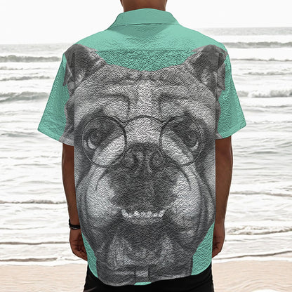 English Bulldog With Glasses Print Textured Short Sleeve Shirt