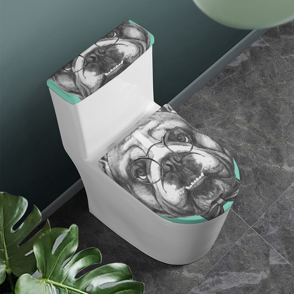 English Bulldog With Glasses Print Toilet Lid And Tank Cover Set