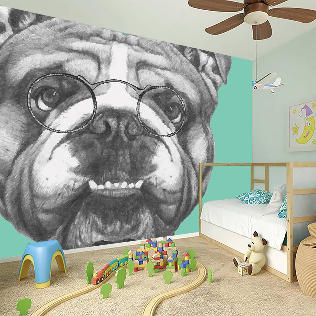 English Bulldog With Glasses Print Wall Sticker
