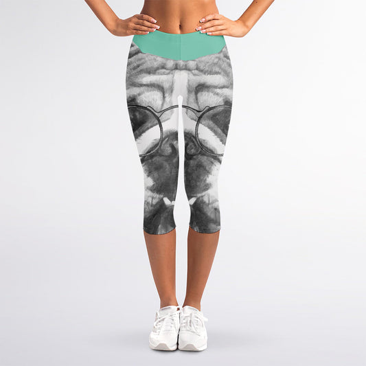 English Bulldog With Glasses Print Women's Capri Leggings