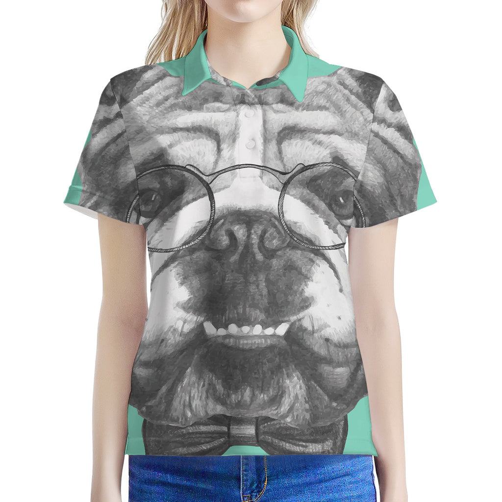 English Bulldog With Glasses Print Women's Polo Shirt