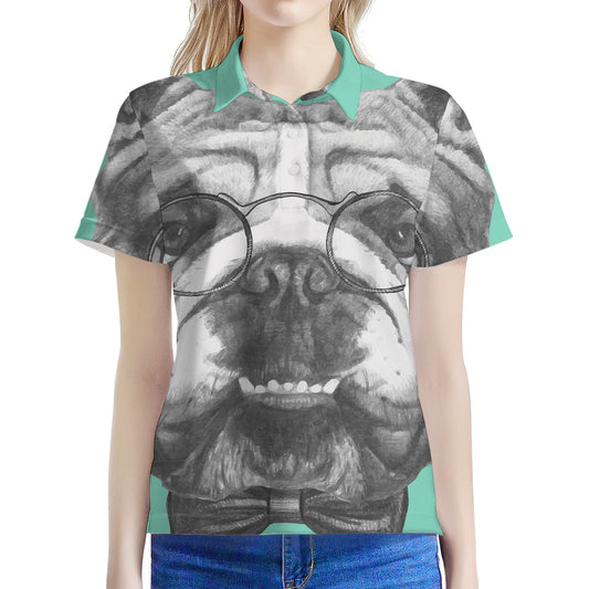 English Bulldog With Glasses Print Women's Polo Shirt