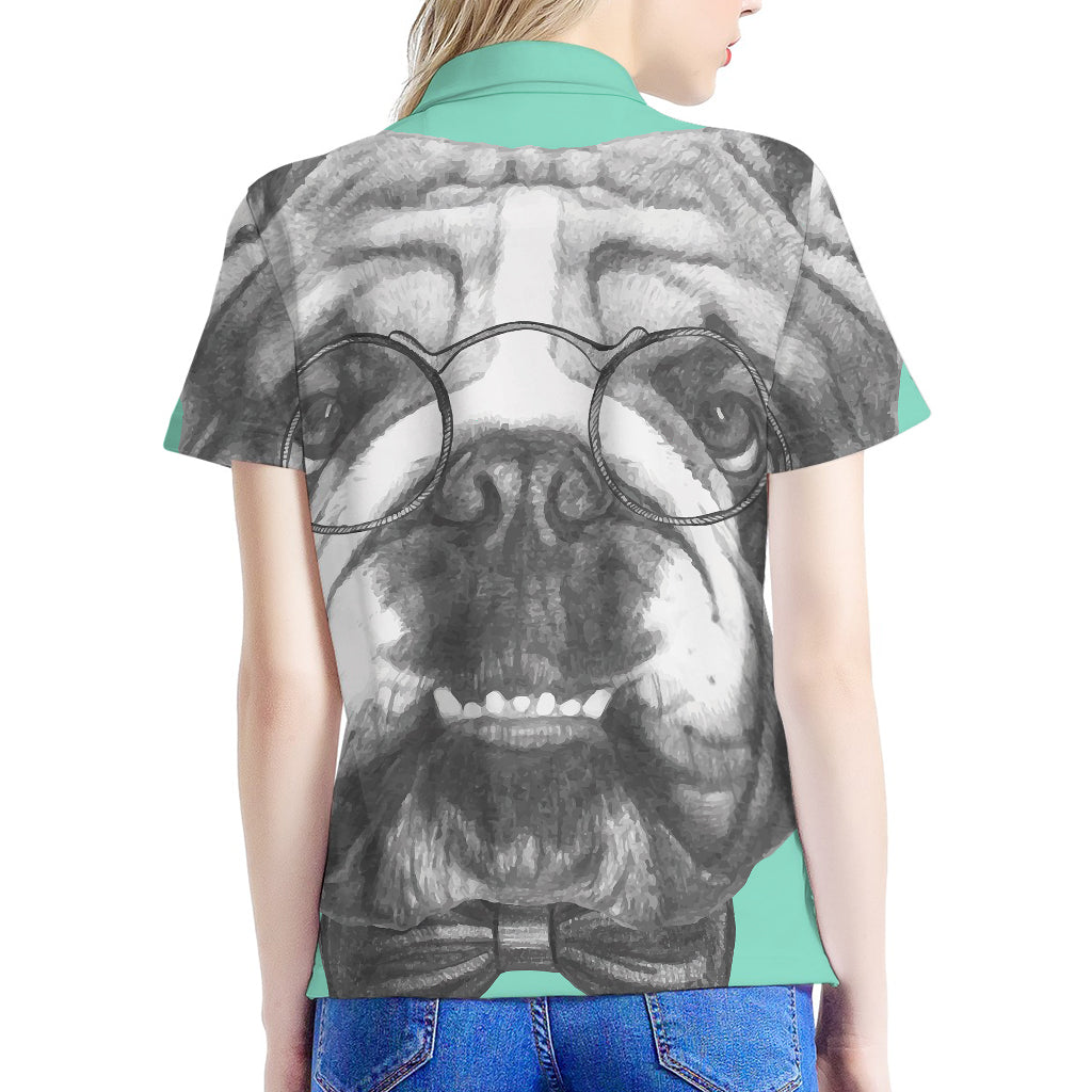 English Bulldog With Glasses Print Women's Polo Shirt